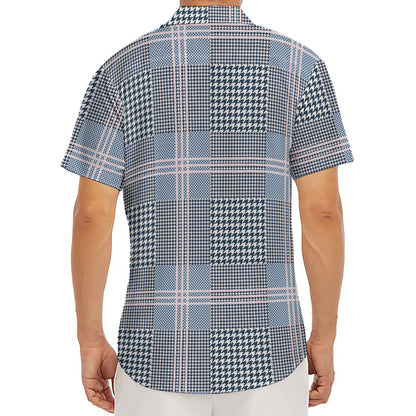 Navy And White Glen Plaid Print Men's Deep V-Neck Shirt