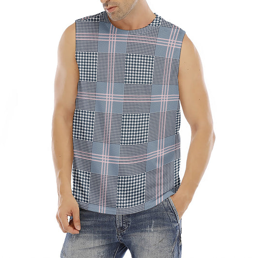 Navy And White Glen Plaid Print Men's Fitness Tank Top
