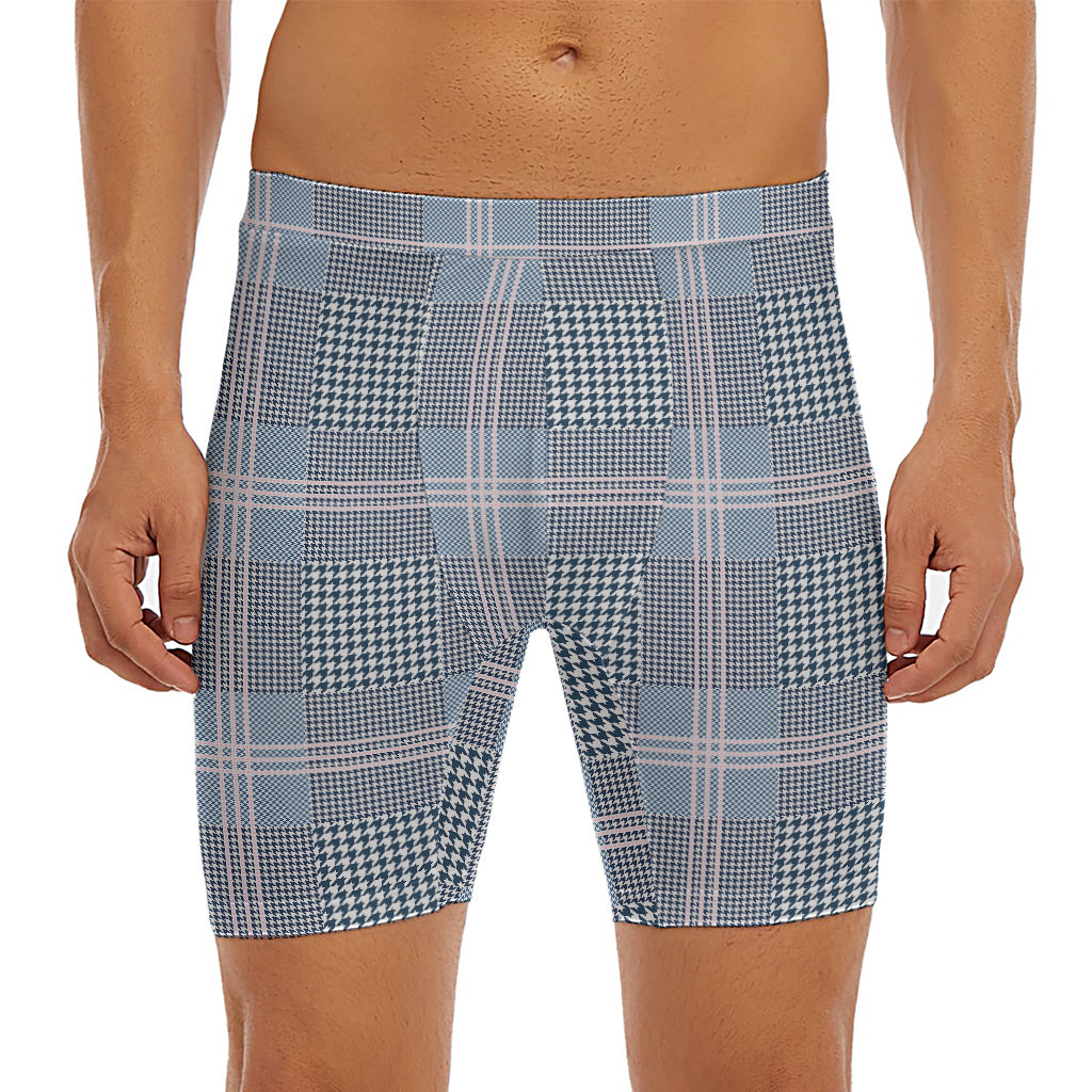 Navy And White Glen Plaid Print Men's Long Boxer Briefs