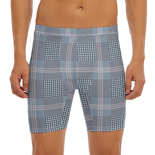 Navy And White Glen Plaid Print Men's Long Boxer Briefs
