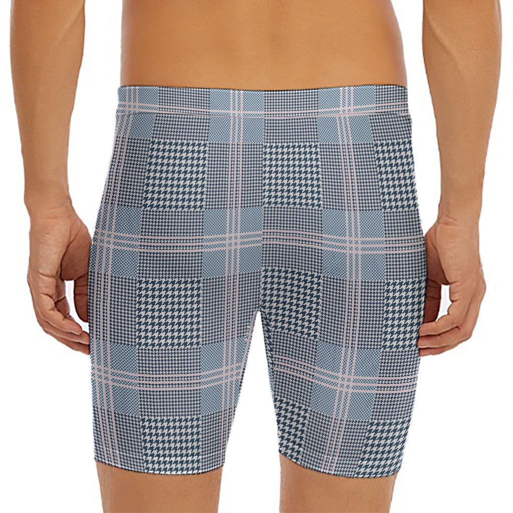 Navy And White Glen Plaid Print Men's Long Boxer Briefs