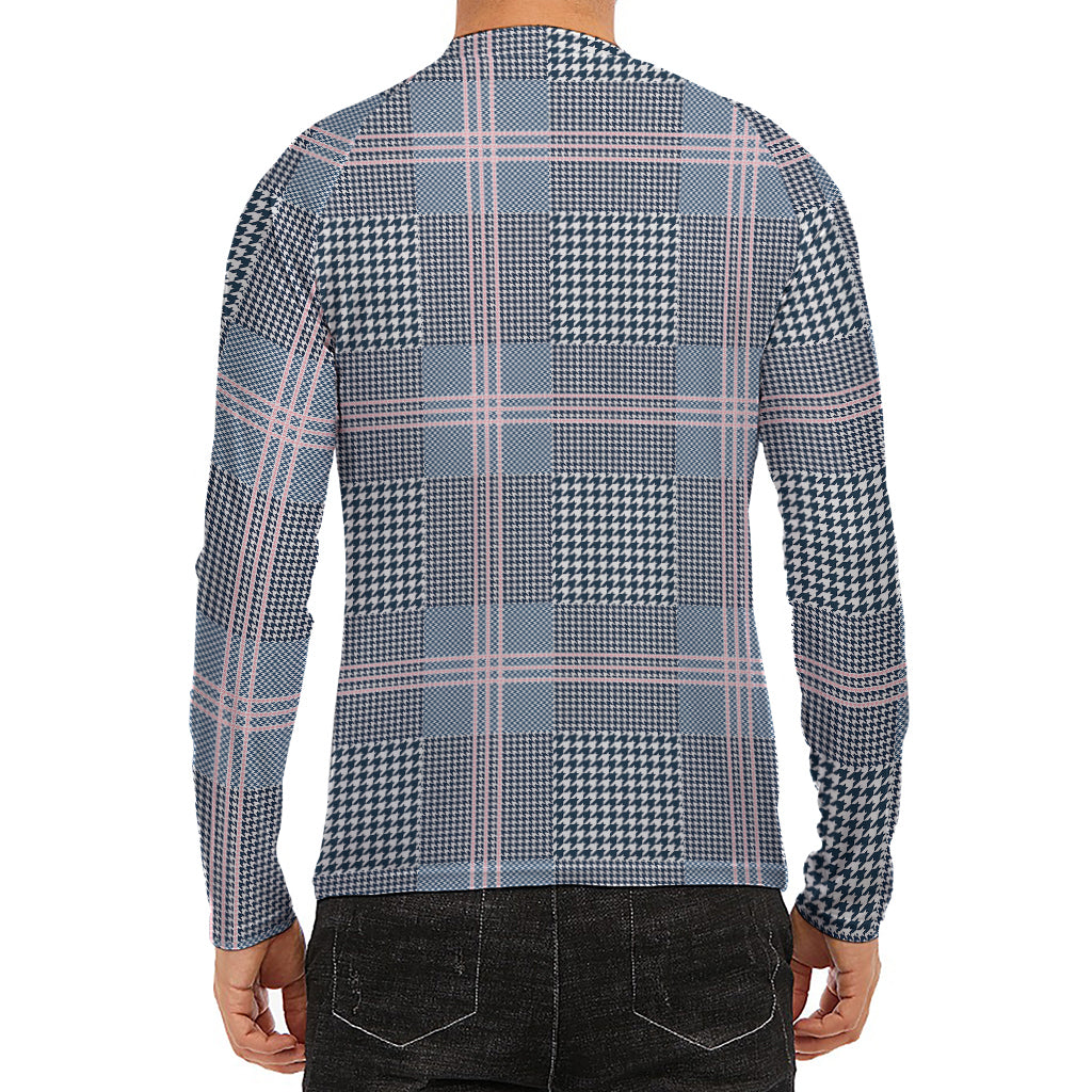 Navy And White Glen Plaid Print Men's Long Sleeve Rash Guard
