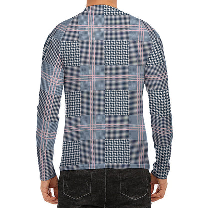 Navy And White Glen Plaid Print Men's Long Sleeve Rash Guard