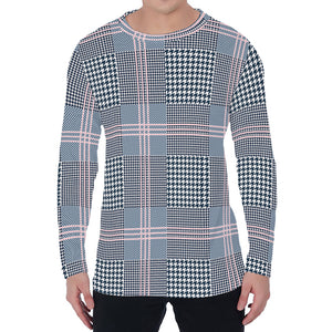 Navy And White Glen Plaid Print Men's Long Sleeve T-Shirt