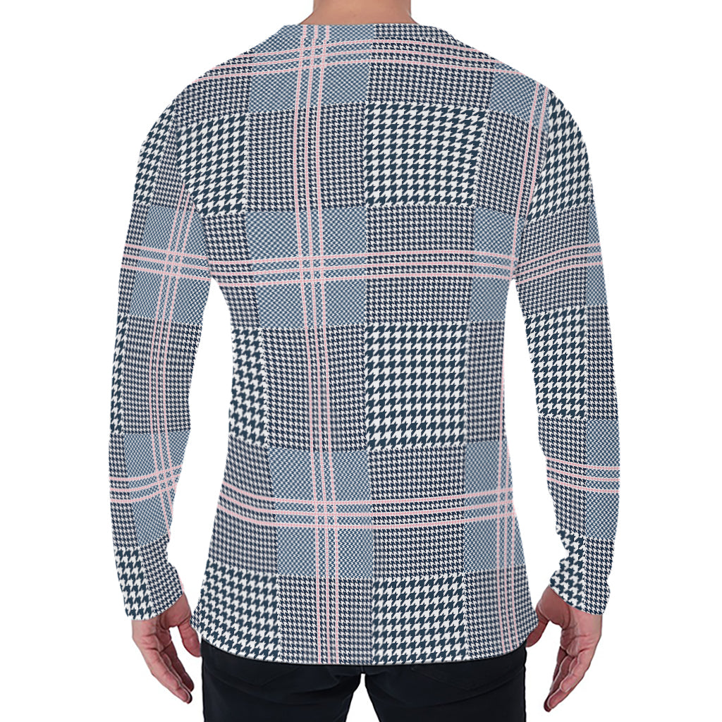 Navy And White Glen Plaid Print Men's Long Sleeve T-Shirt