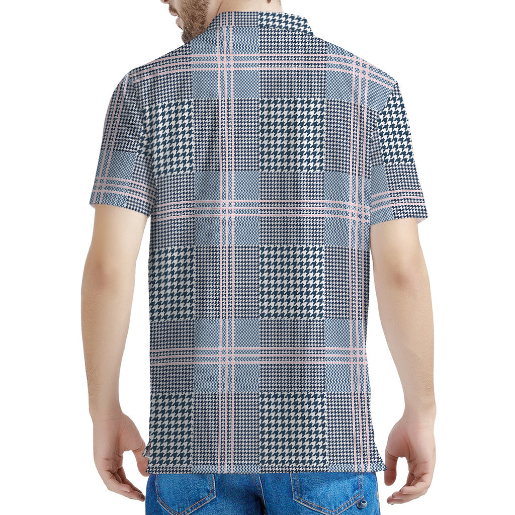 Navy And White Glen Plaid Print Men's Polo Shirt