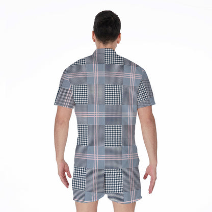 Navy And White Glen Plaid Print Men's Rompers