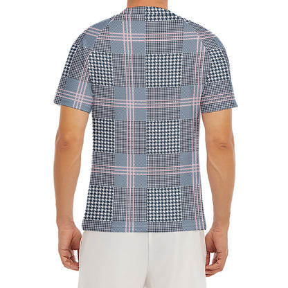 Navy And White Glen Plaid Print Men's Short Sleeve Rash Guard