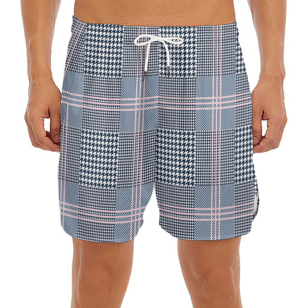 Navy And White Glen Plaid Print Men's Split Running Shorts