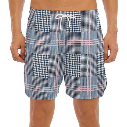 Navy And White Glen Plaid Print Men's Split Running Shorts