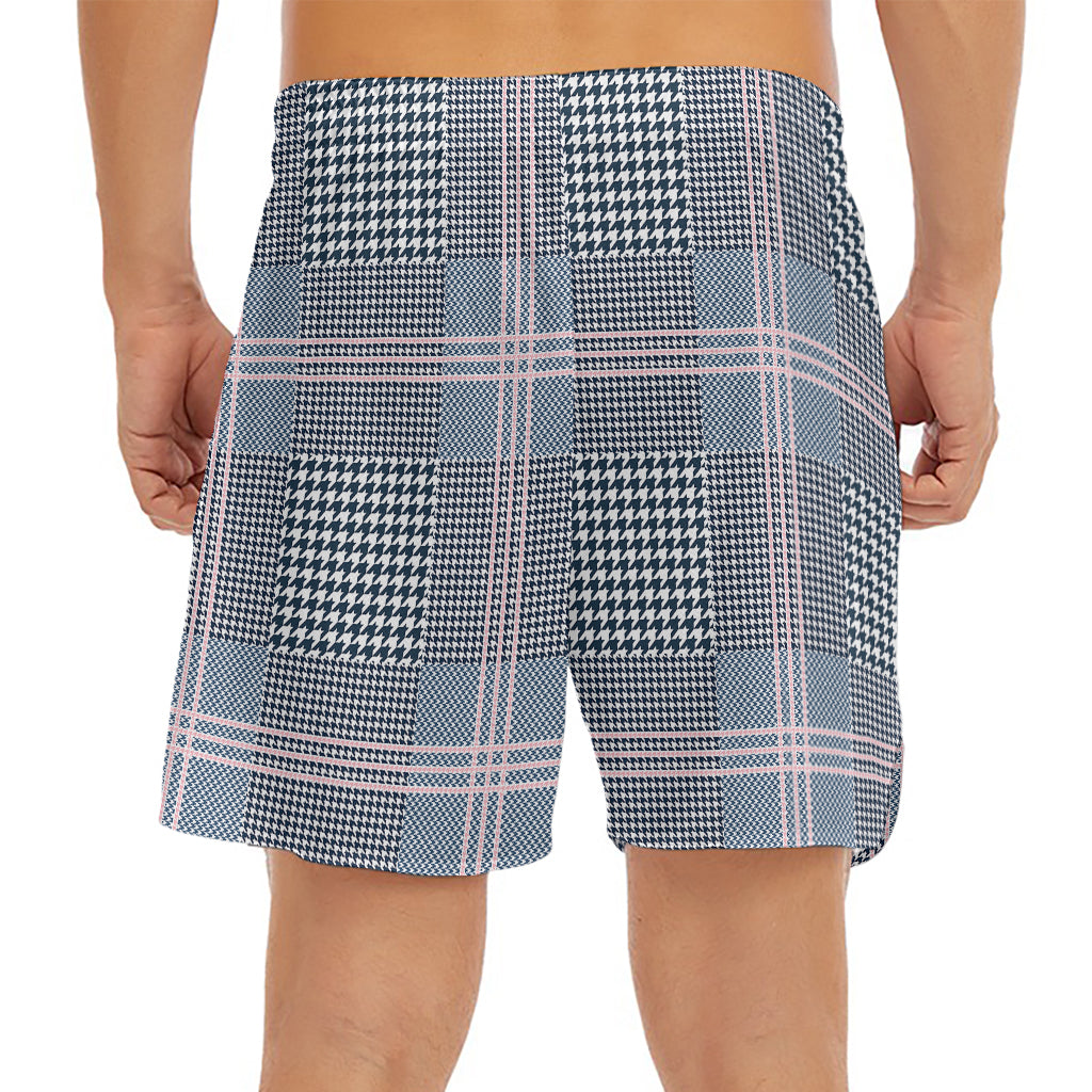 Navy And White Glen Plaid Print Men's Split Running Shorts