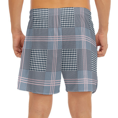 Navy And White Glen Plaid Print Men's Split Running Shorts