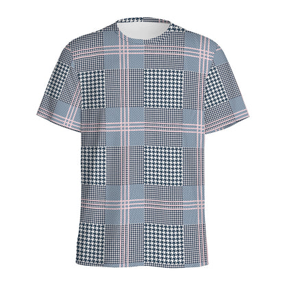 Navy And White Glen Plaid Print Men's Sports T-Shirt