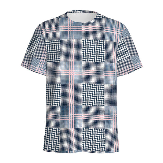 Navy And White Glen Plaid Print Men's Sports T-Shirt