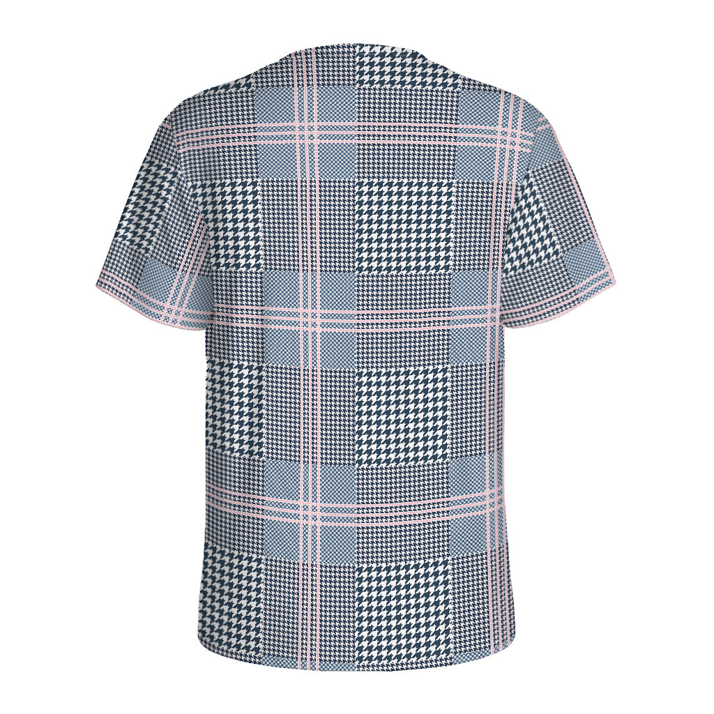 Navy And White Glen Plaid Print Men's Sports T-Shirt