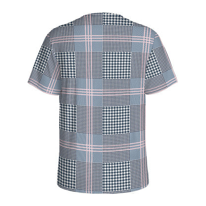 Navy And White Glen Plaid Print Men's Sports T-Shirt
