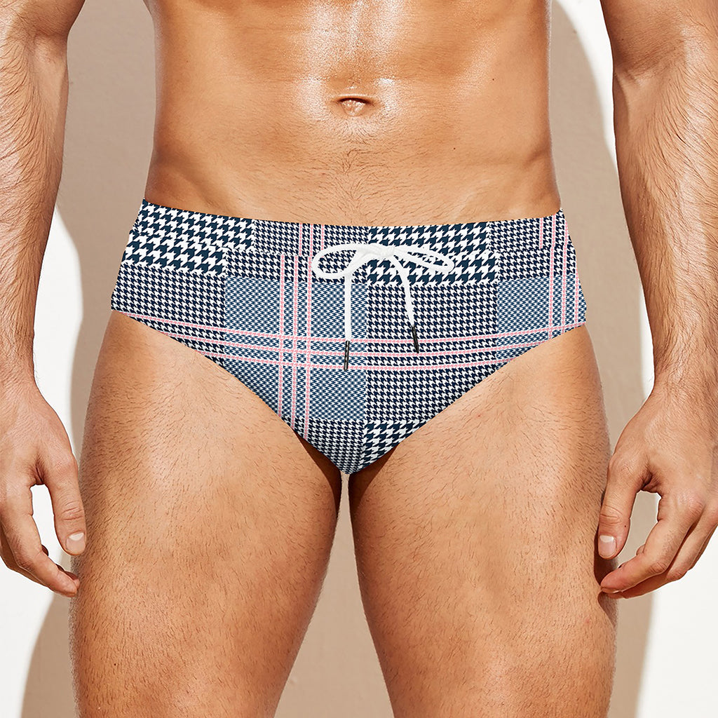 Navy And White Glen Plaid Print Men's Swim Briefs