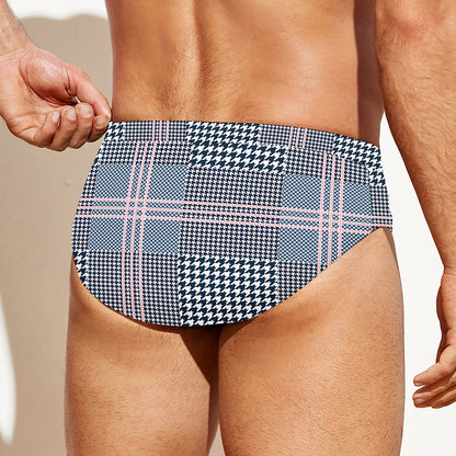 Navy And White Glen Plaid Print Men's Swim Briefs