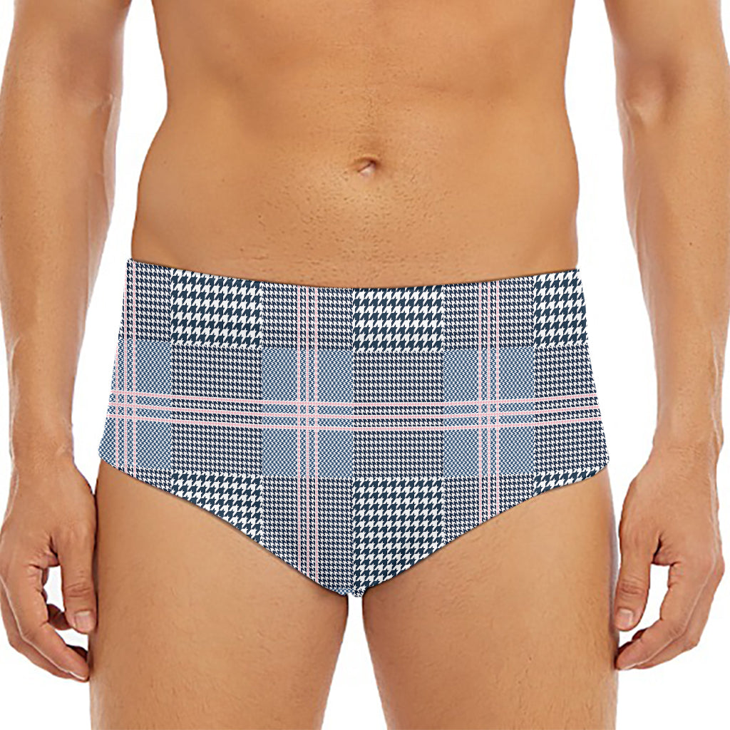 Navy And White Glen Plaid Print Men's Triangle Swim Briefs