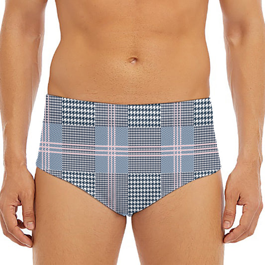 Navy And White Glen Plaid Print Men's Triangle Swim Briefs