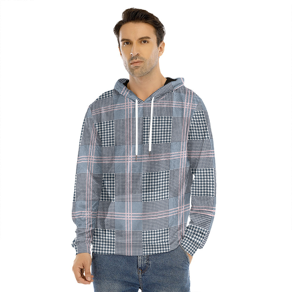 Navy And White Glen Plaid Print Men's Velvet Pullover Hoodie