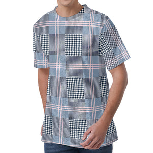 Navy And White Glen Plaid Print Men's Velvet T-Shirt