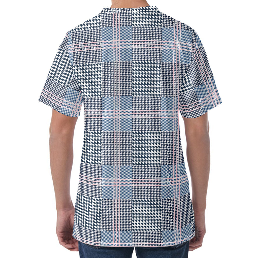 Navy And White Glen Plaid Print Men's Velvet T-Shirt