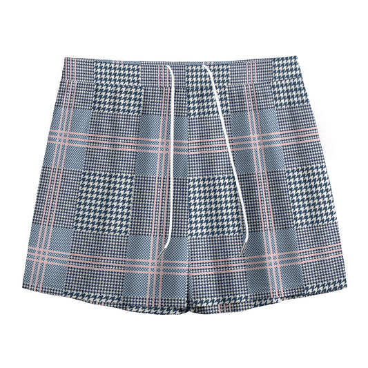 Navy And White Glen Plaid Print Mesh Shorts