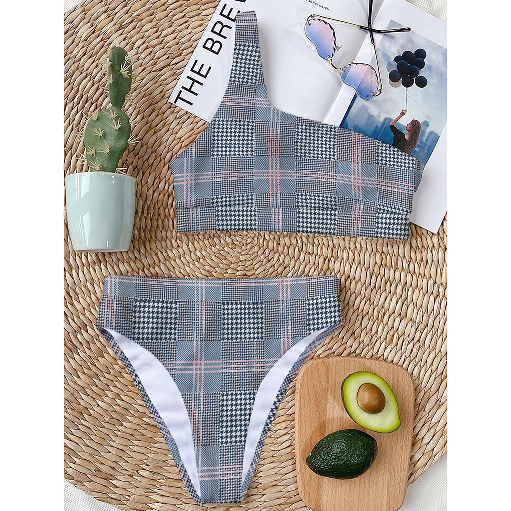 Navy And White Glen Plaid Print One Shoulder Bikini Top