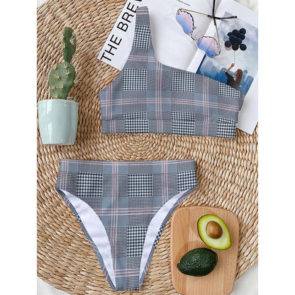 Navy And White Glen Plaid Print One Shoulder Bikini Top