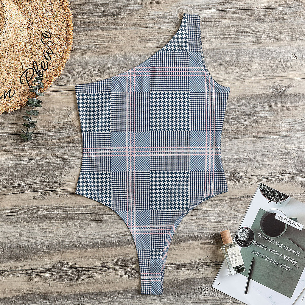 Navy And White Glen Plaid Print One Shoulder Bodysuit