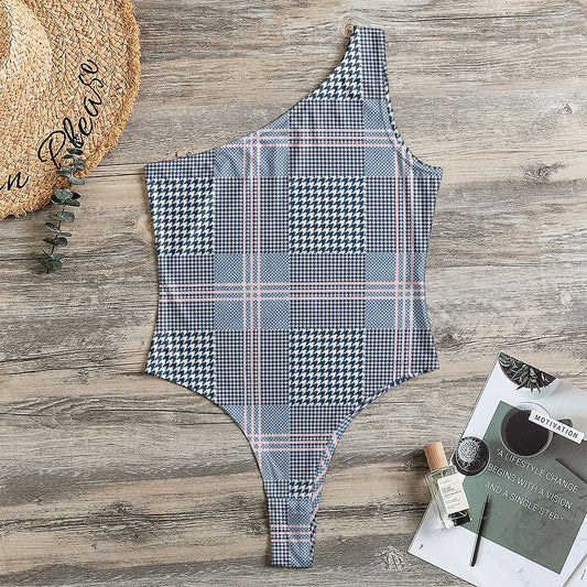 Navy And White Glen Plaid Print One Shoulder Bodysuit