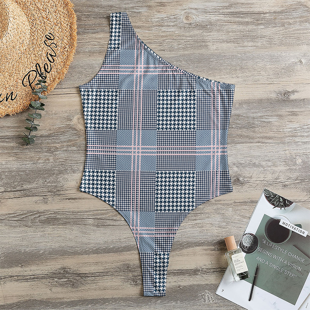Navy And White Glen Plaid Print One Shoulder Bodysuit