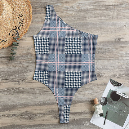 Navy And White Glen Plaid Print One Shoulder Bodysuit