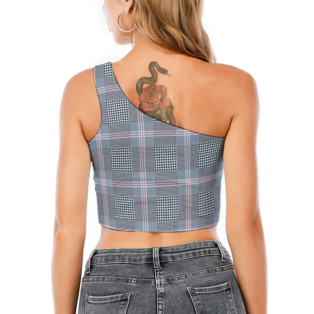 Navy And White Glen Plaid Print One Shoulder Crop Top