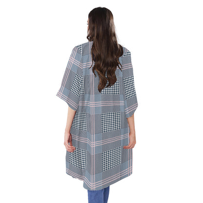 Navy And White Glen Plaid Print Open Front Beach Cover Up