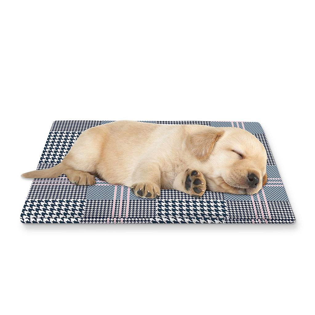Navy And White Glen Plaid Print Pet Cooling Mat Cover