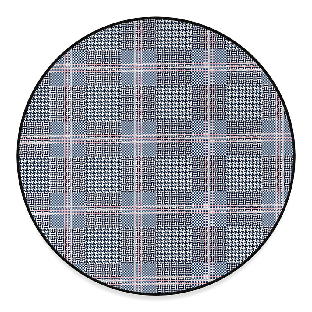 Navy And White Glen Plaid Print Round Floor Mat