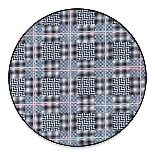Navy And White Glen Plaid Print Round Floor Mat
