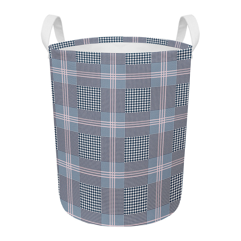 Navy And White Glen Plaid Print Round Laundry Basket