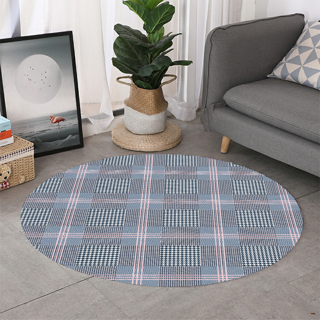 Navy And White Glen Plaid Print Round Rug