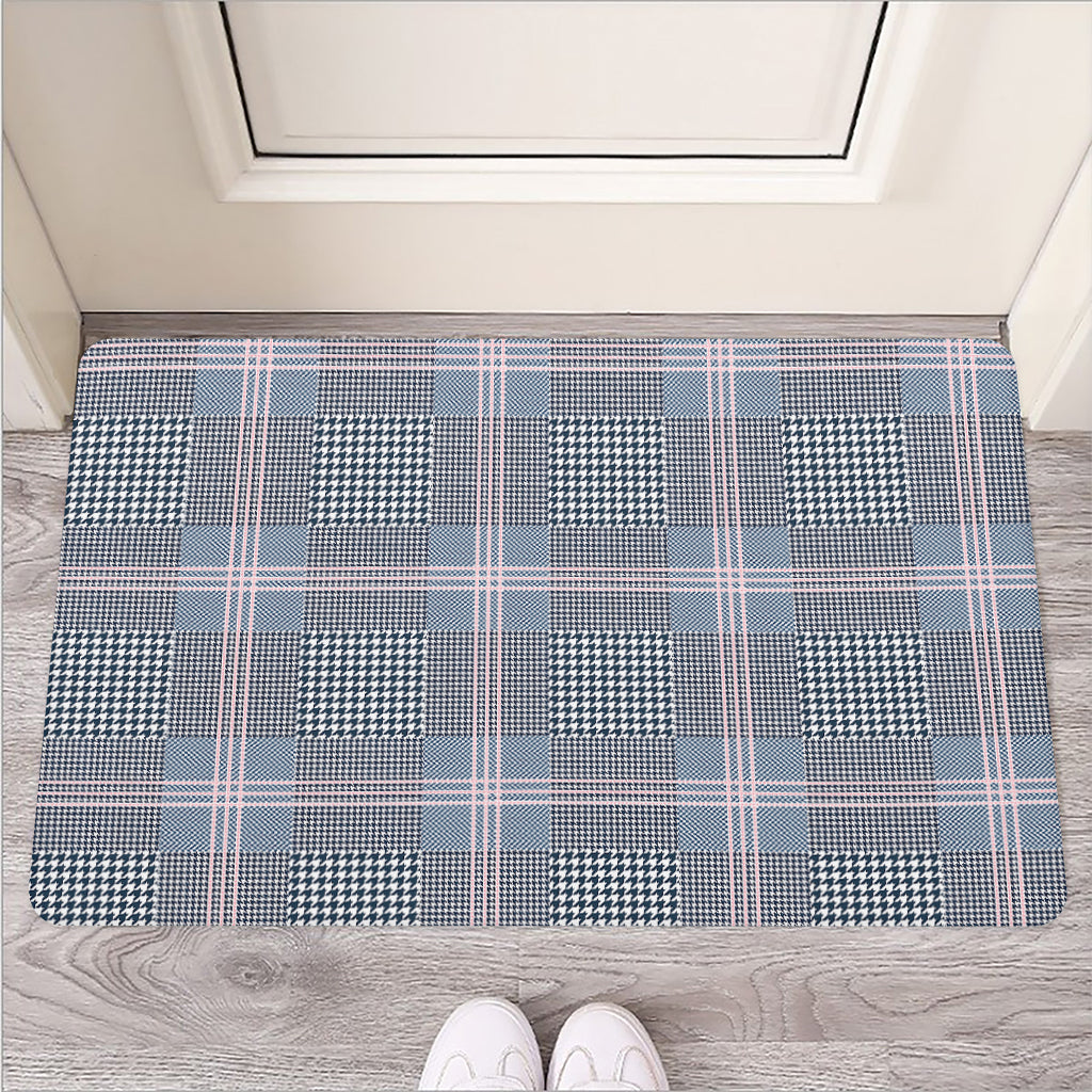 Navy And White Glen Plaid Print Rubber Doormat