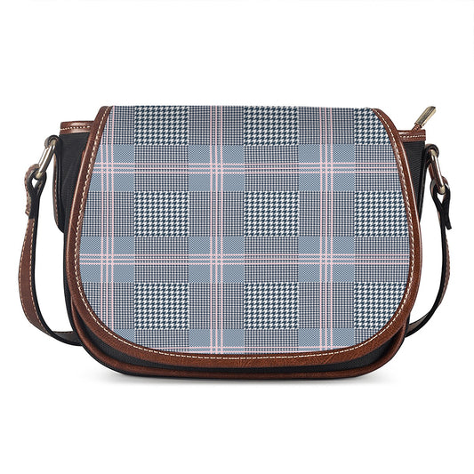 Navy And White Glen Plaid Print Saddle Bag