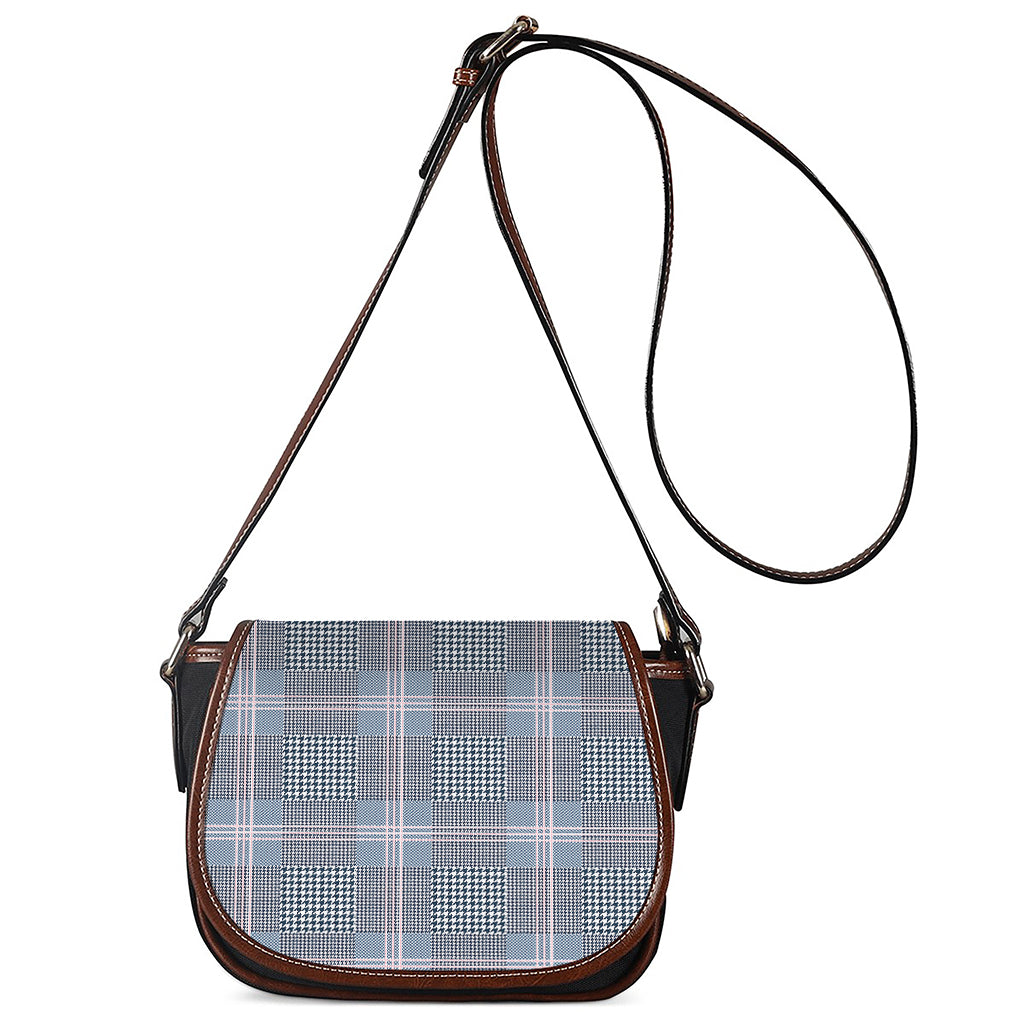 Navy And White Glen Plaid Print Saddle Bag