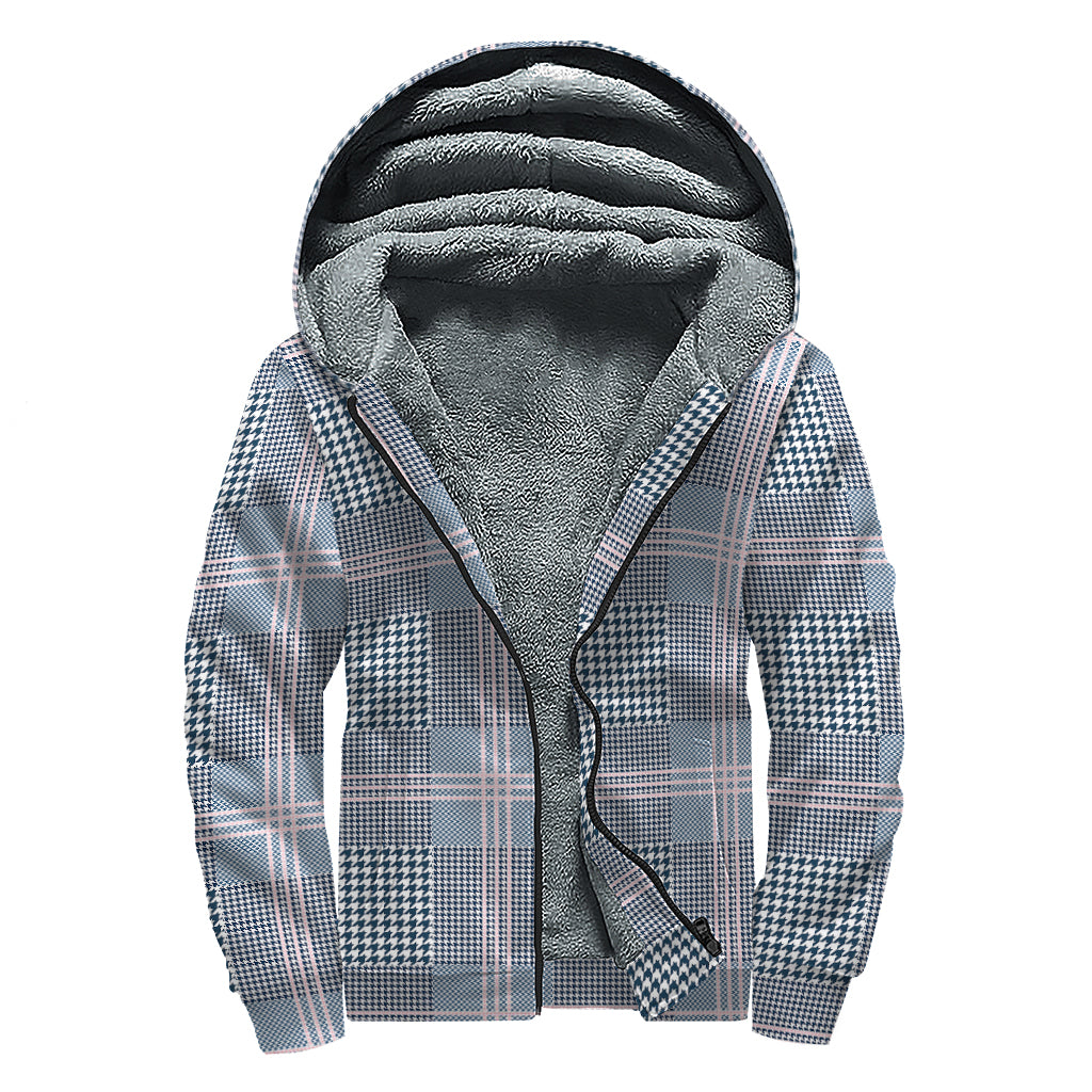 Navy And White Glen Plaid Print Sherpa Lined Zip Up Hoodie