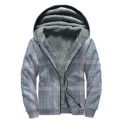 Navy And White Glen Plaid Print Sherpa Lined Zip Up Hoodie