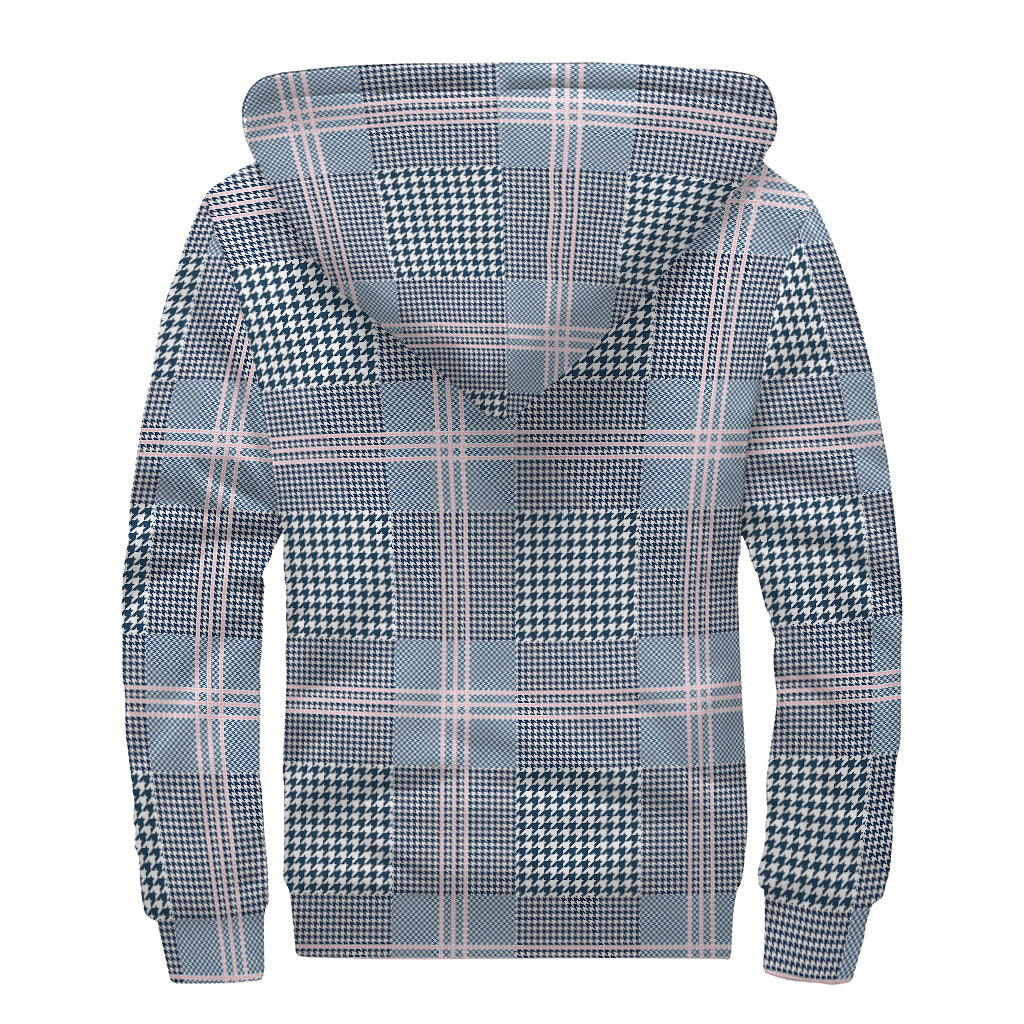 Navy And White Glen Plaid Print Sherpa Lined Zip Up Hoodie