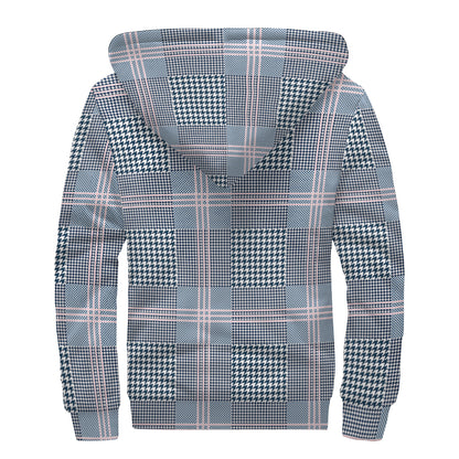 Navy And White Glen Plaid Print Sherpa Lined Zip Up Hoodie