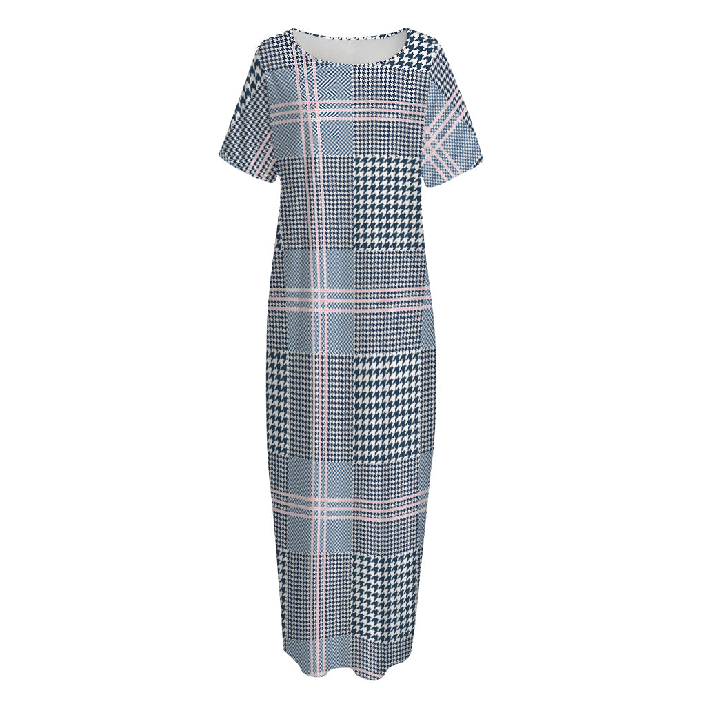 Navy And White Glen Plaid Print Short Sleeve Long Nightdress