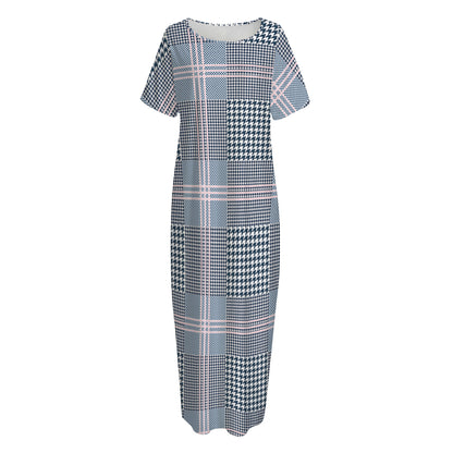 Navy And White Glen Plaid Print Short Sleeve Long Nightdress